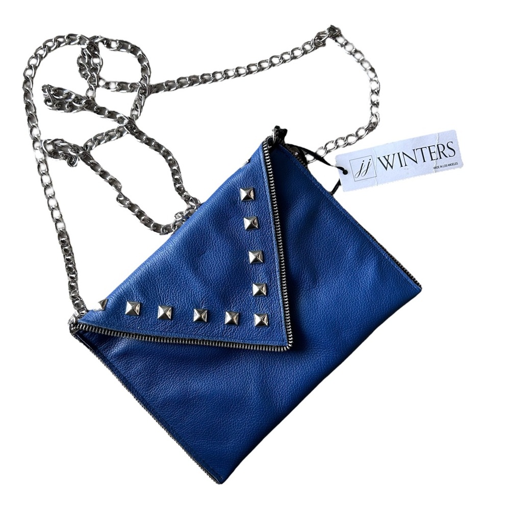 JJ Winters Bohemian Studded Blue Leather Andi Crossbody Chain Bag Clutch